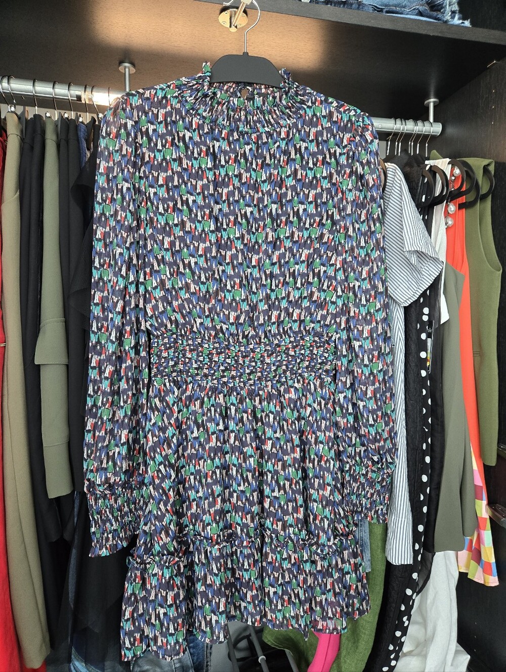 En Saison Multicolor Smocked-Waist Mini Skirt Dress in Navy Base